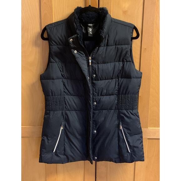 Womens Medium NVO Navy Blue Golf Vest with Zipper, Snaps and Faux Fur Trim Colla - Picture 7 of 13